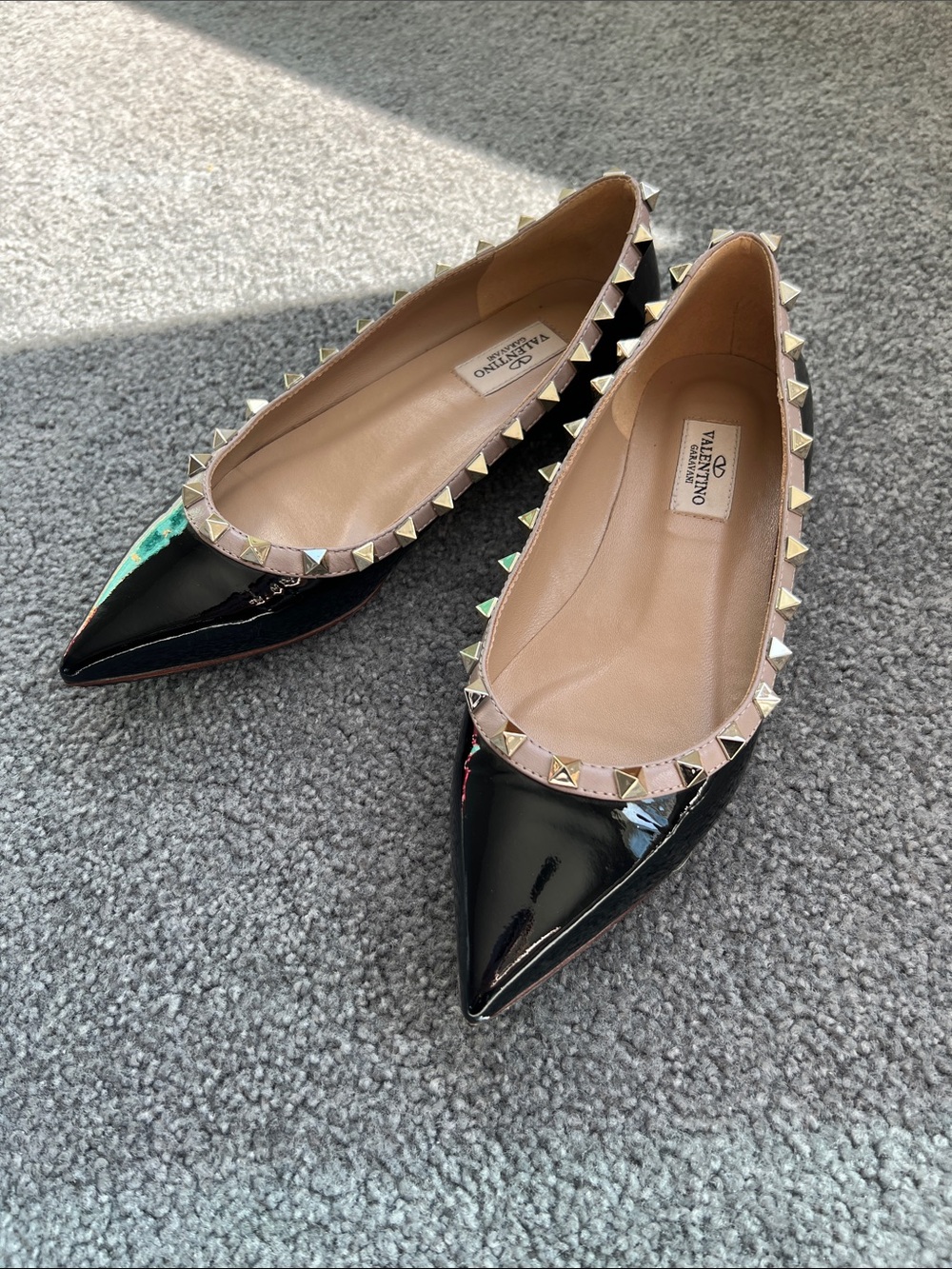 Black Patent Flats with Nude Trim and Gold Rockstuds